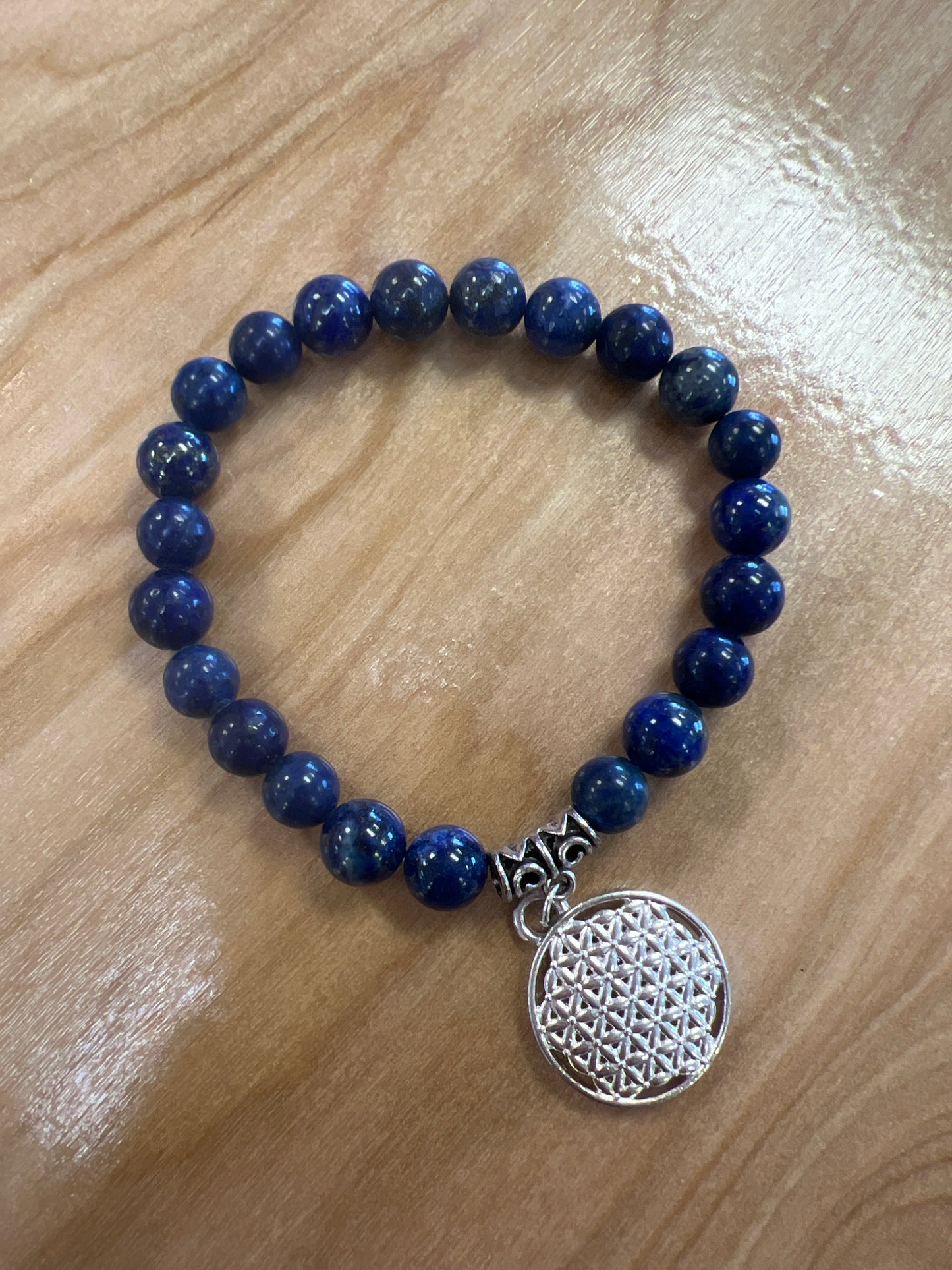 Lapis Gem Stone Bracelet with Flower of Life Charm