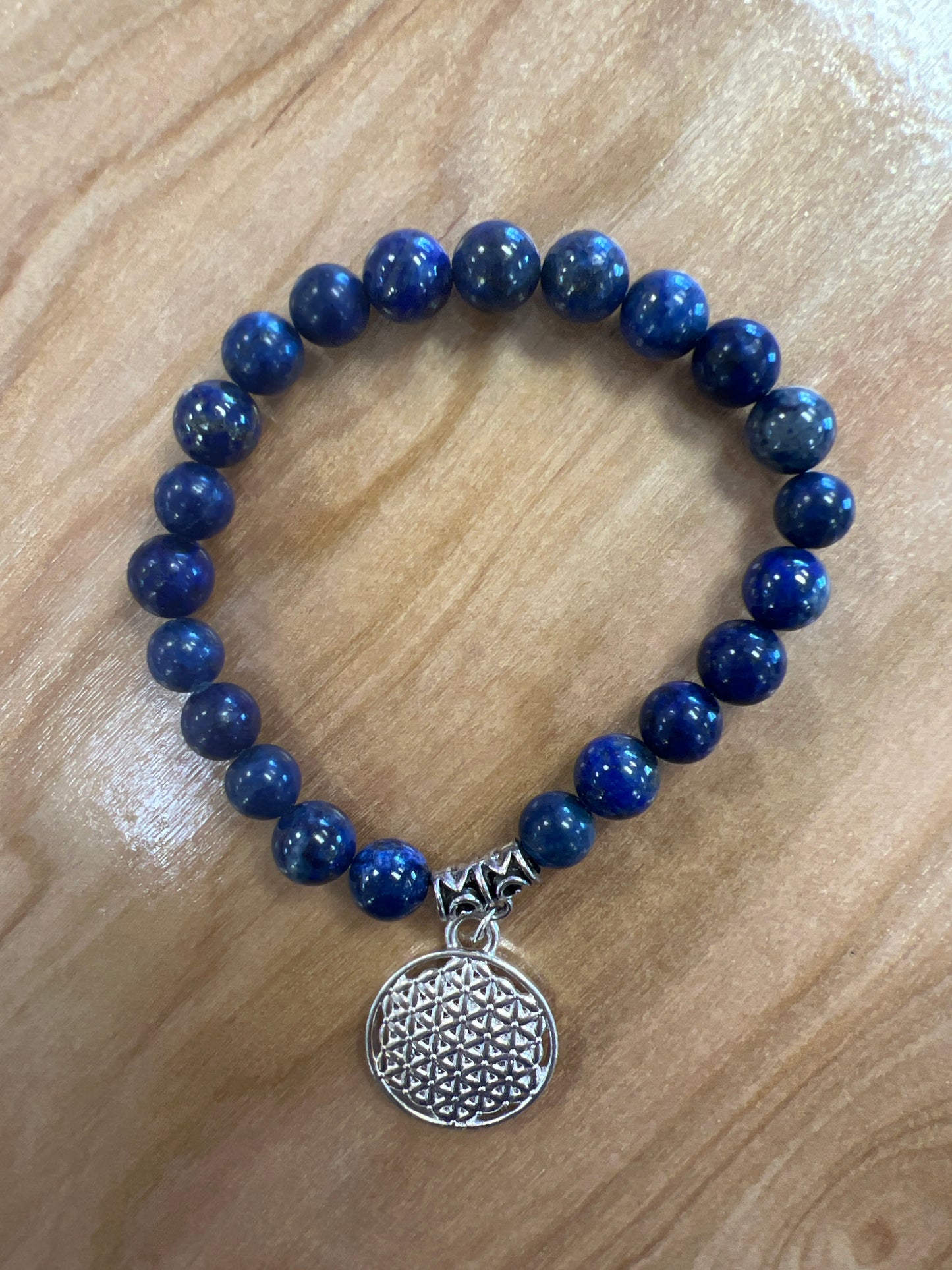 Lapis Gem Stone Bracelet with Flower of Life Charm