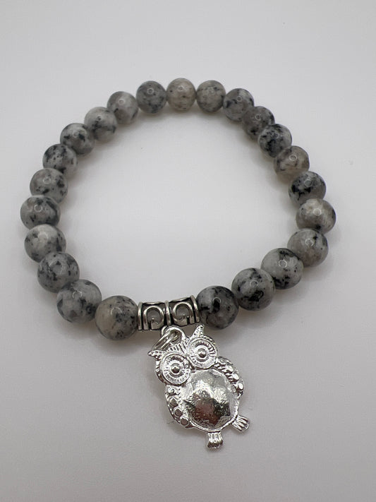 Black Sesame Gem Stone Bracelet with Owl Charm