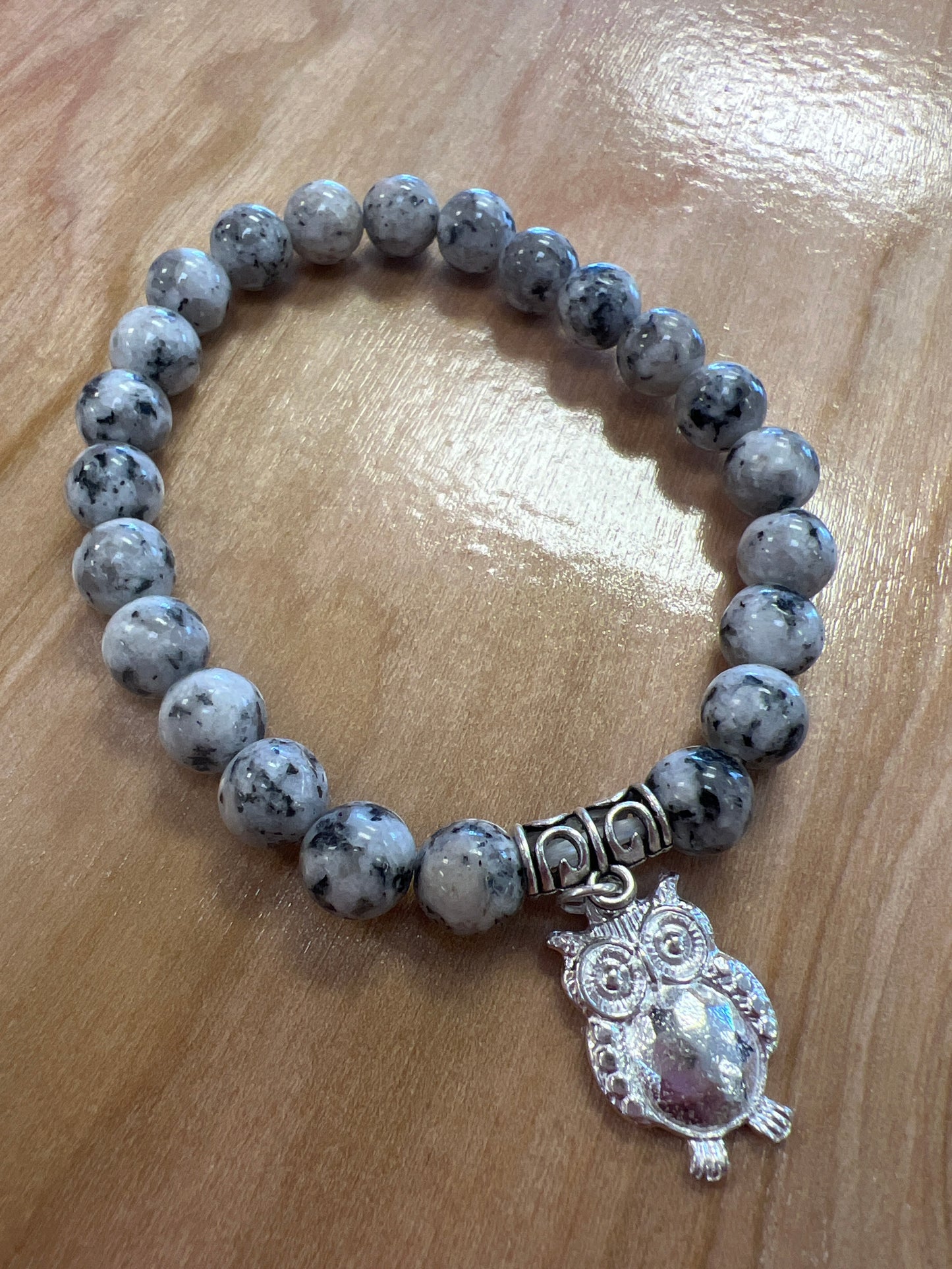 Black Sesame Gem Stone Bracelet with Owl Charm