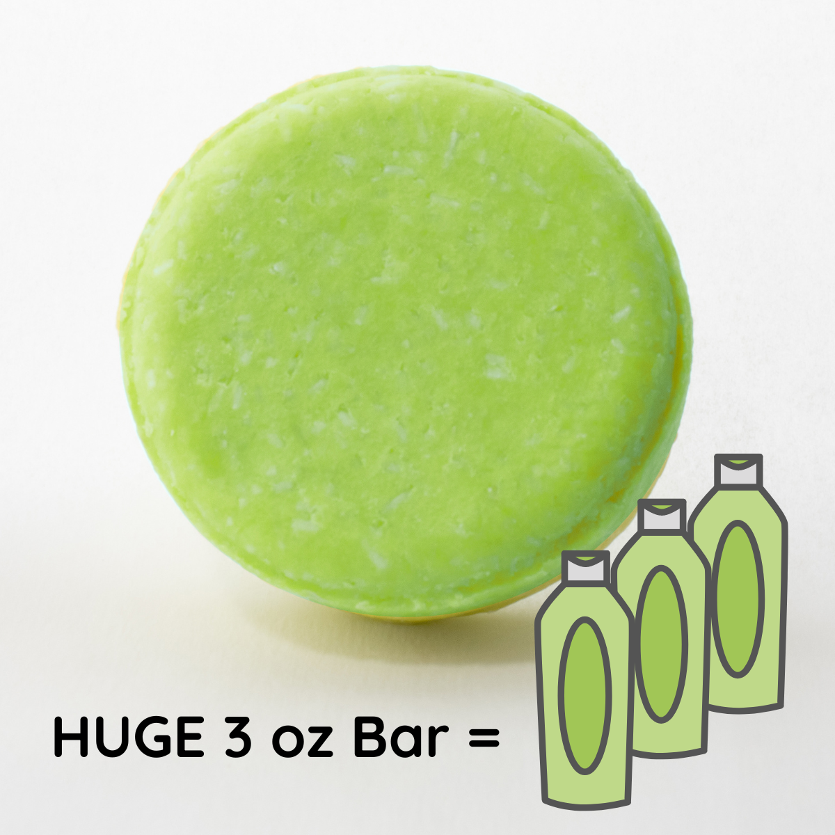 a round green bath bomb next to three green bottles