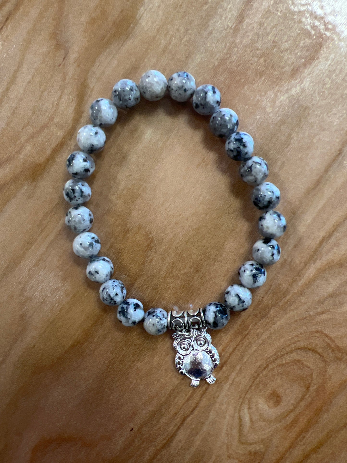 Black Sesame Gem Stone Bracelet with Owl Charm